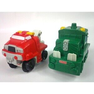 Vintage 2003 Fisher Price Geo Trax Geotrax Green Train Car and Red Tow Truck Lot